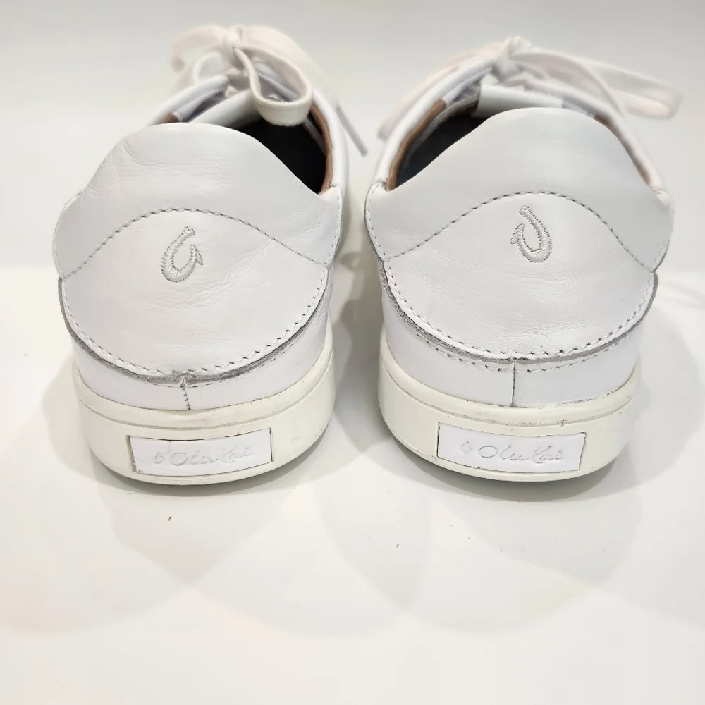 OluKai Pehuea Li 'Ili White Leather Sneakers Drop-In Heel Womens Size 10